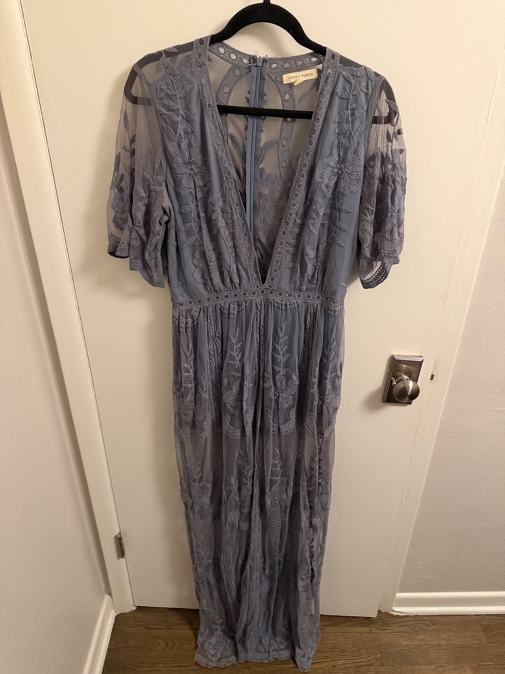 Honey Punch Dusty Blue Embroidered V‑Neck Maxi Dress